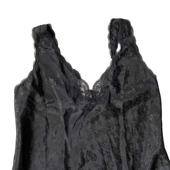 Vintage 1970s Barbizon Slip Dress Midi Lace Trim Floral Vines Black L EUC - Picture 8 of 13